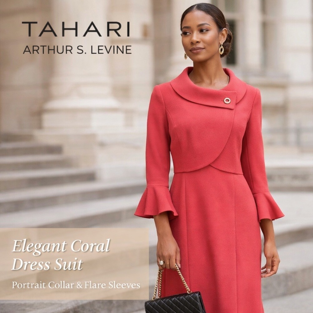Tahari Dress Suit Women 8 Coral Portrait Collar Flare Sleeve Sheath Set Tailored